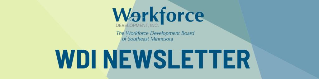 Banner featuring the WDI Connection Newsletter Q1 2022 and Workforce Development, Inc. logo on a blue and yellow geometric background.