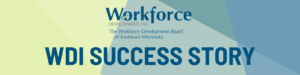 Banner with Workforce Development, Inc. and a featured success story on a geometric pastel background.