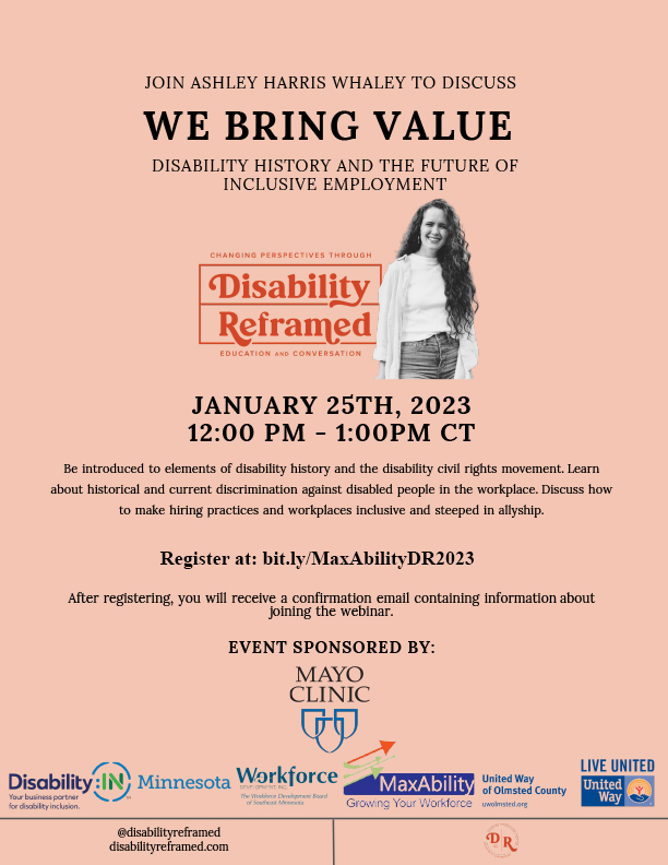 Postcard invitation to, We Bring Value, with Ashley Harris Whaley Jan 25, from 12-1pm CT. Register for this free online event at https://bit.ly/MaxAbilityDR2023