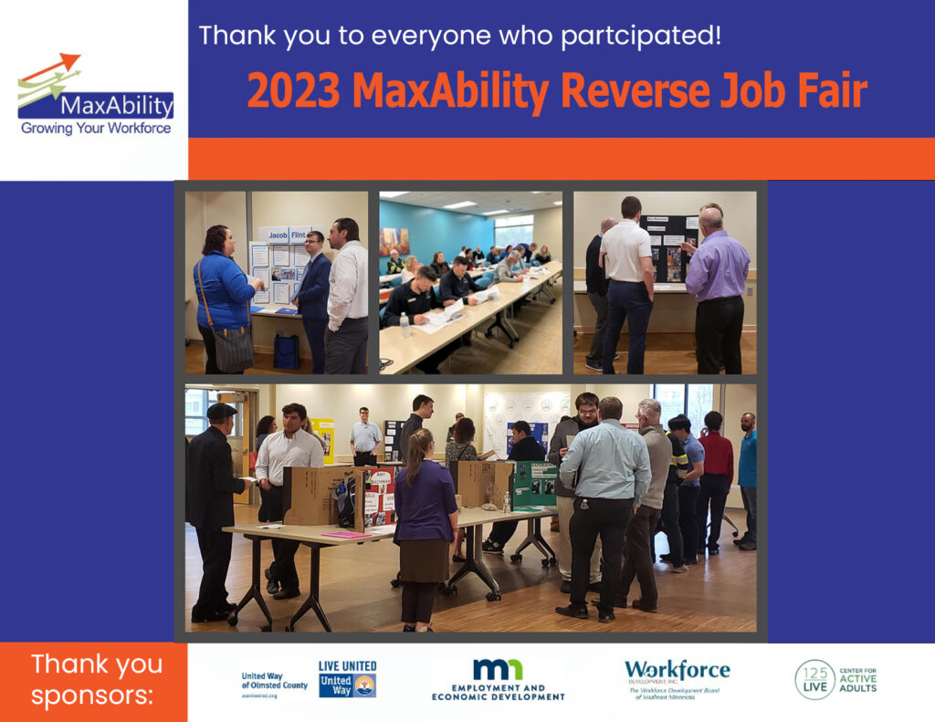 Purple and orange postcard with MaxAbility logo text saying Thank you to everyone who participated! 2023 MaxAbility Reverse Job Fair a collage of photos from the day although with text thank you sponsors and logos from United Way, DEED, Workforce development Inc., 125 Live