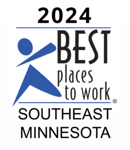 2024 Best Places to Work Southeast Minnesota logo featuring a blue abstract figure on a white background, highlighting applications for the 2024 awards.