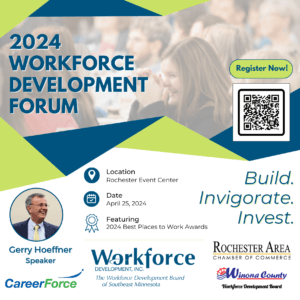 2024 Workforce Development Forum event flyer featuring forum details, speaker photo, sponsor logos, and a QR code.