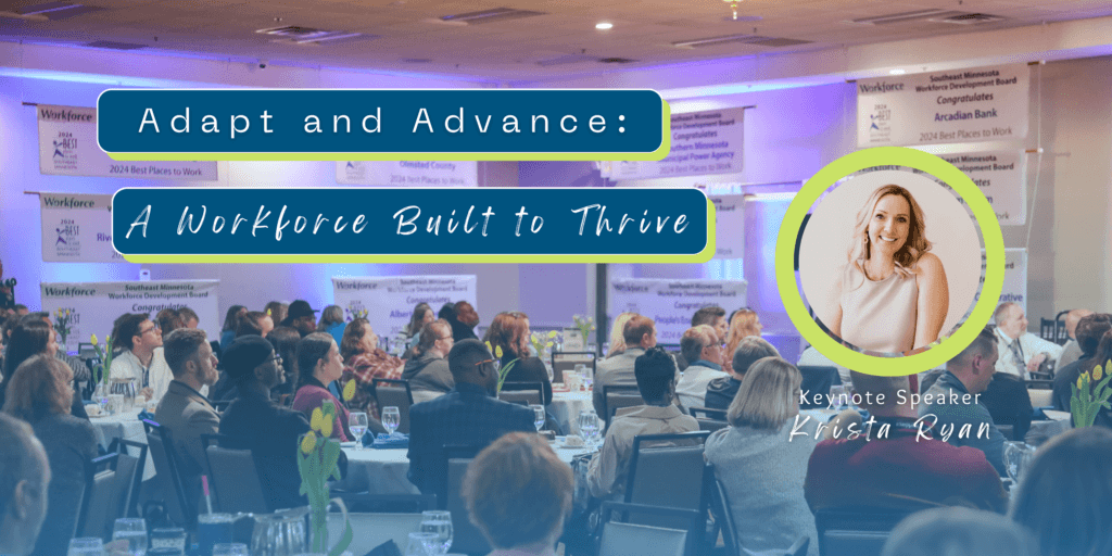 Conference audience seated at tables during the 2025 Workforce Development Forum, with keynote speaker Krista Ryan featured in a highlighted circle.