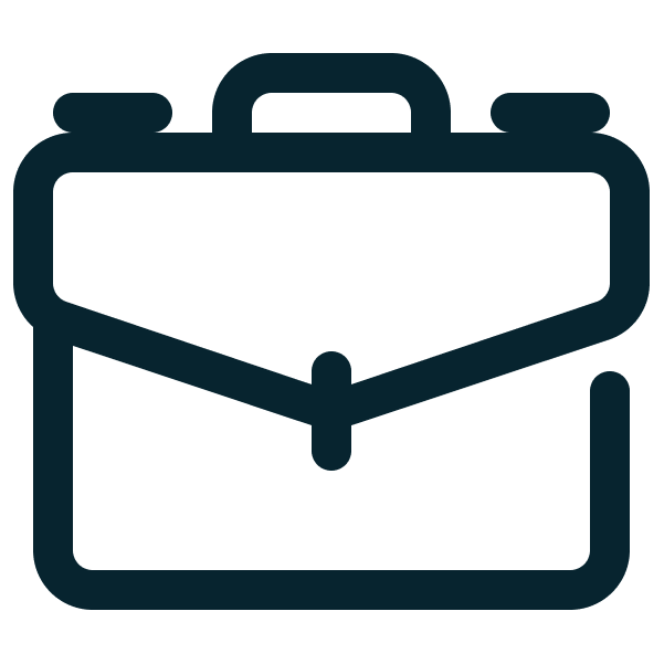 Simple black line icon of a briefcase on a light gray background.