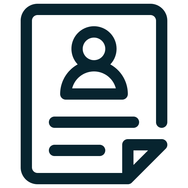 Simple icon of a document with a user profile image and lines representing text, with a folded corner.