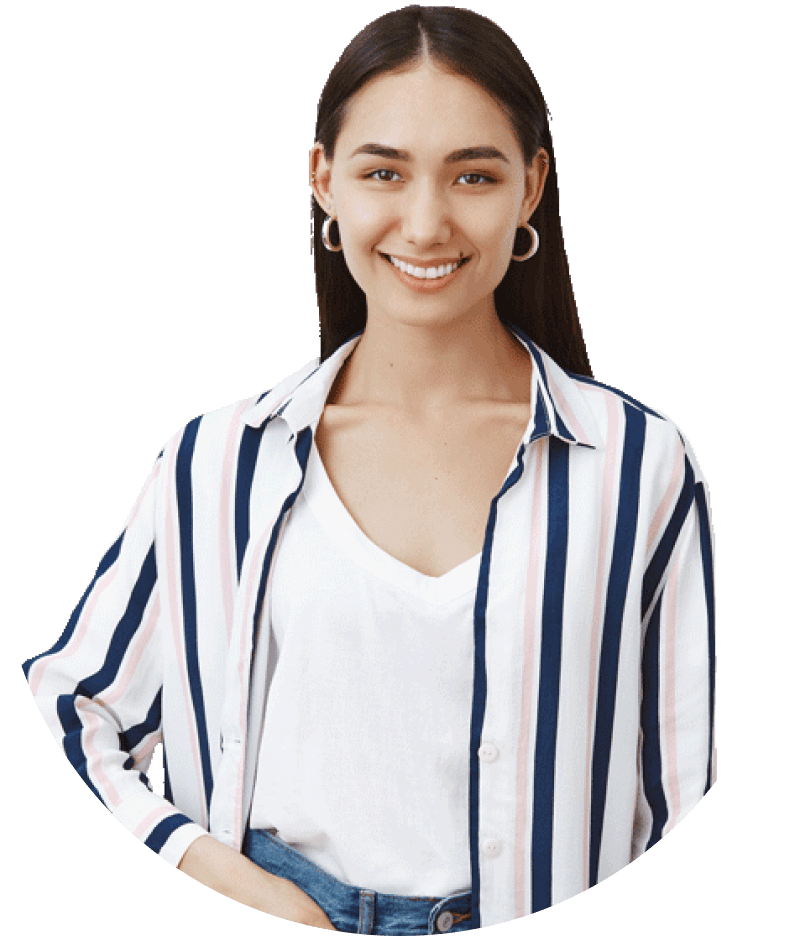 Woman with long dark hair, smiling, wearing a striped shirt over a white top, against a plain background.