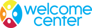 Colorful circular logo and blue welcome center text on a white background.