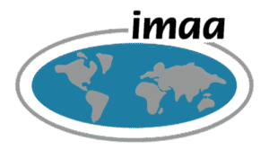 Logo with imaa text above an oval showing simplified world continents on a blue background.
