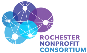 Logo with overlapping blue and purple circles connected by lines, next to Rochester Nonprofit Consortium text.