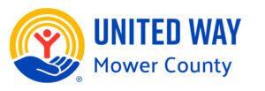 United Way Mower County logo with a hand holding a person inside yellow circles, text on the right.