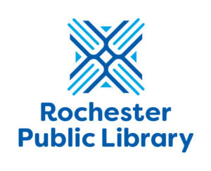 Blue geometric logo above the text Rochester Public Library in bold blue font on a white background.