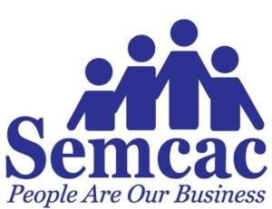 Logo with four blue human figures and text: Semcac. People Are Our Business.