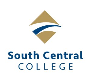 South Central College logo with a gold diamond shape and blue curved line above the college name in blue text.
