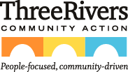 Three Rivers Community Action logo with colorful arches and the tagline, People-focused, community-driven.