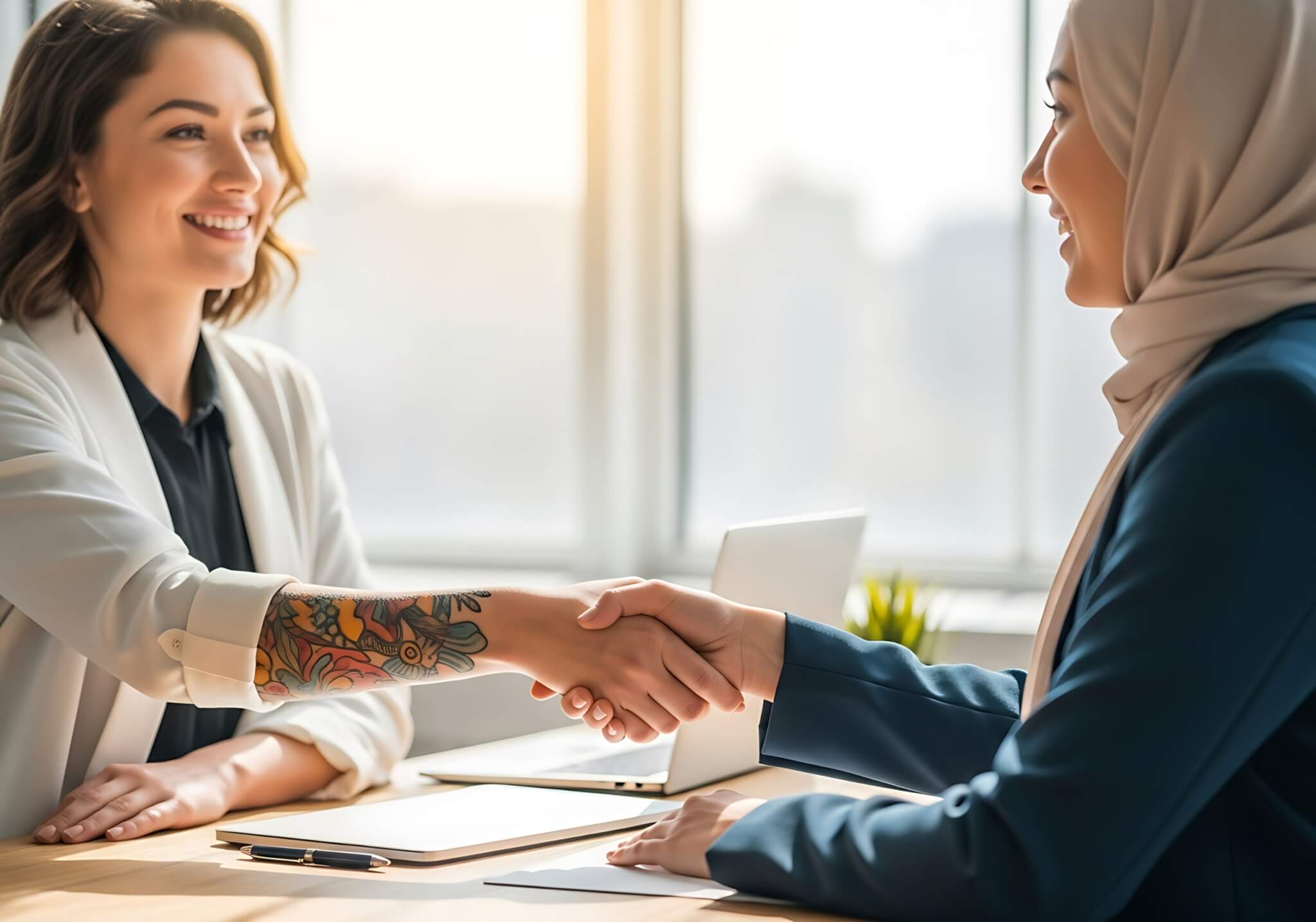 Two businesswomen smiling and shaking hands across a desk in a bright office setting, celebrating successful career planning together.